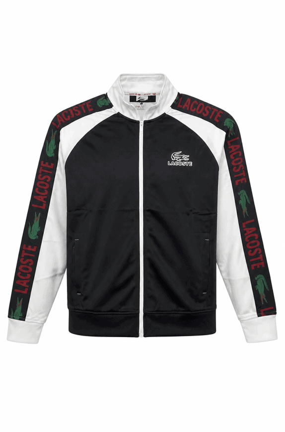 LACOSTE TRACK JACKET SPORTY BLACK WHITE MENS PRE OWNED L
