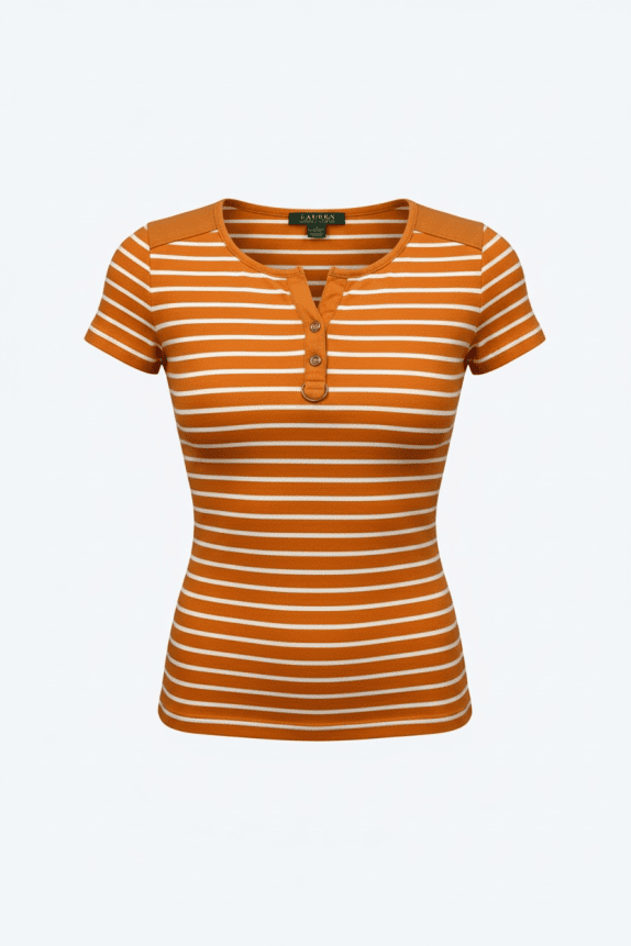 LAUREN RALPH LAUREN T-Shirt Ριγέ Κουμπιά Πορτοκαλί Γυναικείο S