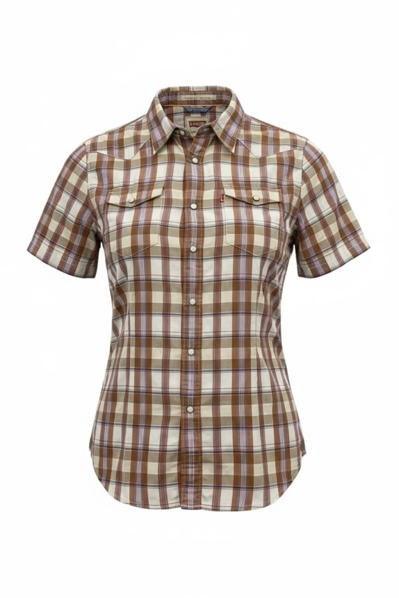 Levi's Short Sleeve Shirt Slim Fit Plaid Beige-White-Red Women's M