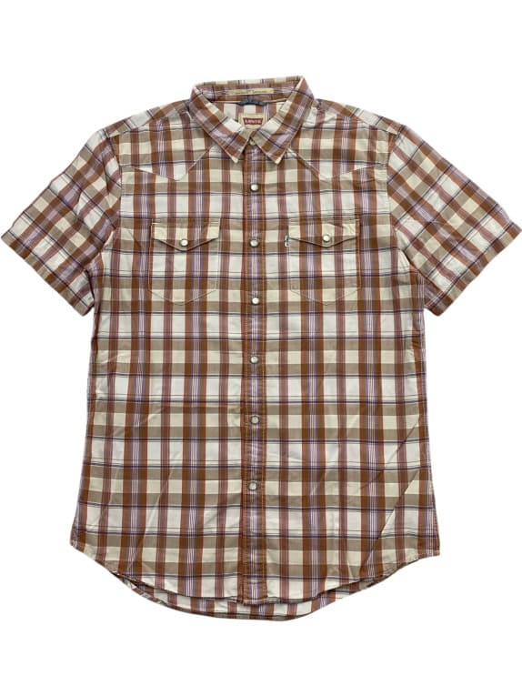 Levi's Short Sleeve Shirt Slim Fit Plaid Beige-White-Red Women's M