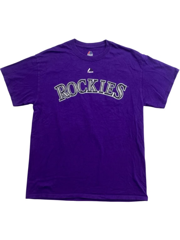 MAJESTIC Colorado Rockies MLB T-Shirt Spellout Logo Μοβ UNISEX M