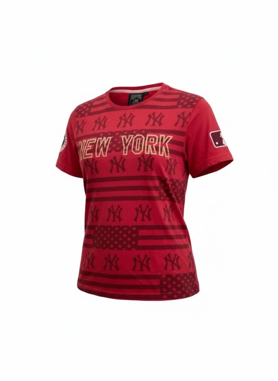 MAJESTIC COOPERSTOWN MLB NEW YORK YANKEES T-SHIRT ALL-OVER PRINT RED WOMEN'S M
