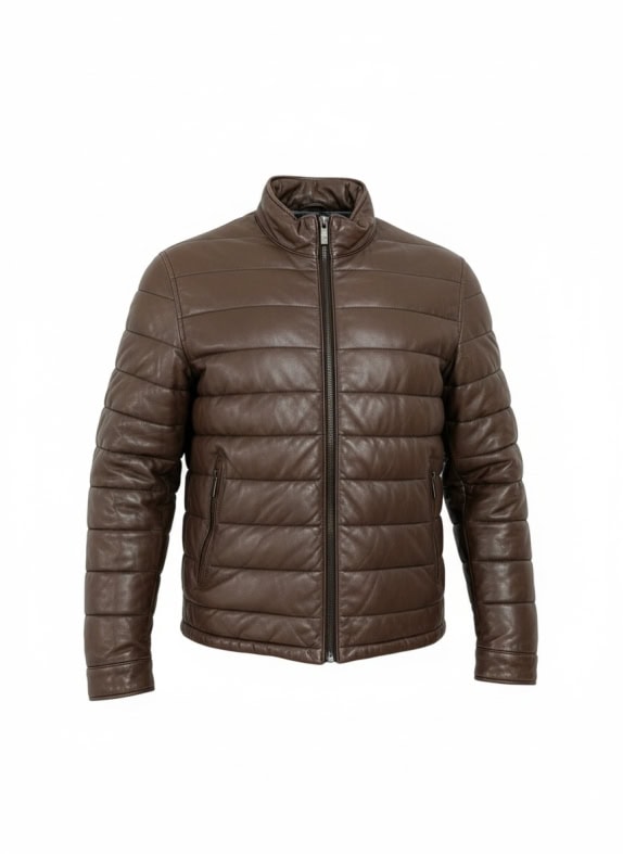 MASSIMO DUTTI Δερμάτινο Μπουφάν Puffer Καφέ Ανδρικό M