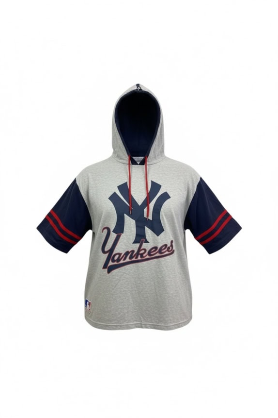 MLB NEW YORK YANKEES HOODED T-SHIRT VINTAGE ΛΟΓΟΤΥΠΟ ΓΚΡΙ/ΜΠΛΕ ΑΝΔΡΙΚΟ L