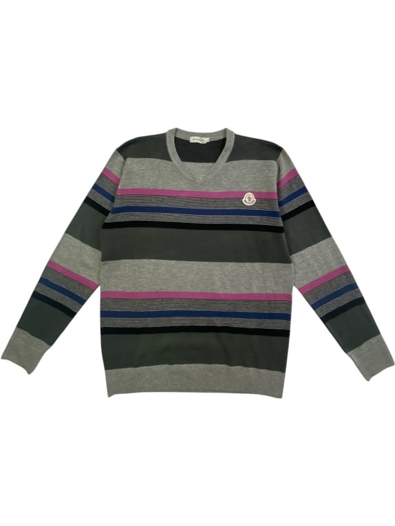 MONCLER KNIT SWEATER STRIPED PATTERN LOGO GREY/MULTICOLOR UNISEX XXL
