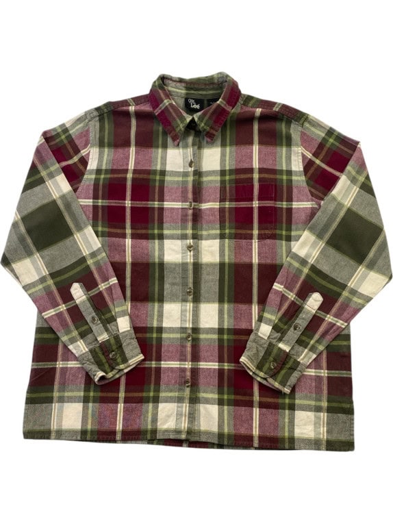 MS LEE FLANNEL SHIRT PLAID BURGUNDY GREEN MENS PRE OWNED M