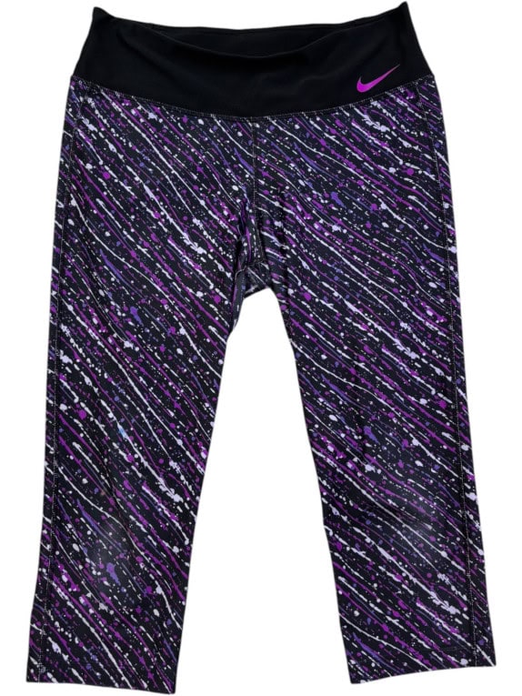 NIKE CAPRI LEGGINGS SPORTSWEAR GRAPHIC BLACK PURPLE WOMEN PRE OWNED L