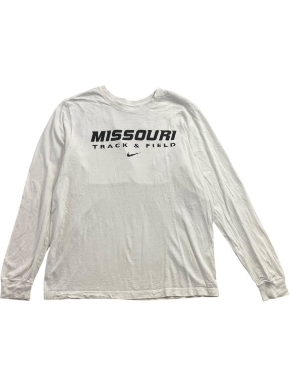 NIKE maglia a maniche lunghe Missouri Track and Field con logo bianco unisex taglia large usata