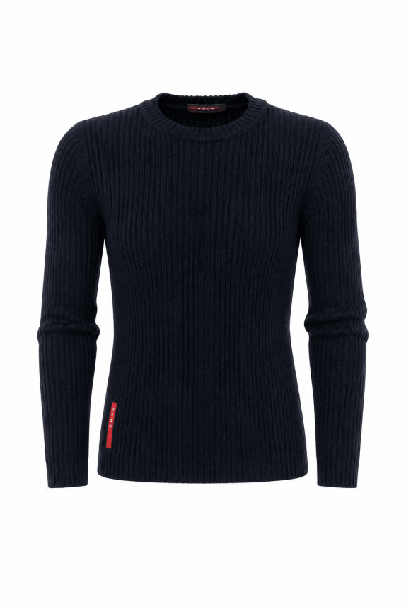 1990s PRADA ΠΛΕΚΤΗ ΜΠΛΟΥΖΑ RIBBED ΜΑΥΡΟ ΑΝΤΡΙΚΟ PRE OWNED S