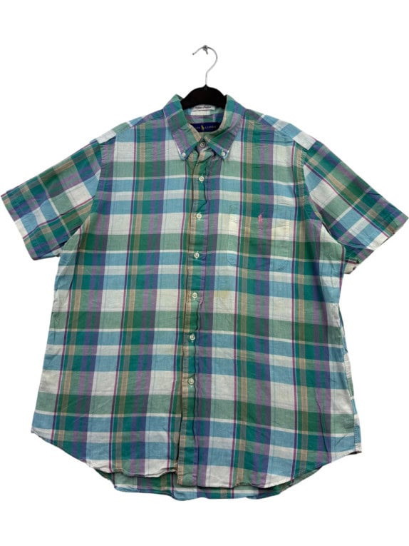 RALPH LAUREN SHORT SLEEVE SHIRT CLASSIC PLAID GREEN MENS PRE OWNED L