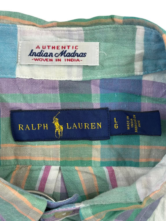 RALPH LAUREN SHORT SLEEVE SHIRT CLASSIC PLAID GREEN MENS PRE OWNED L