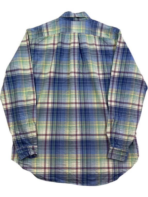 RALPH LAUREN BUTTON DOWN SHIRT CLASSIC PLAID BLUE GREEN MENS PRE OWNED L