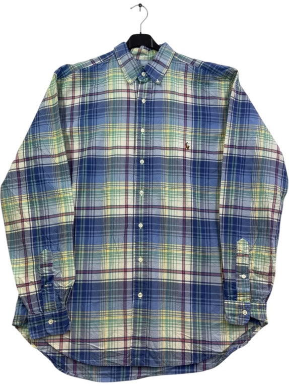RALPH LAUREN BUTTON DOWN SHIRT CLASSIC PLAID BLUE GREEN MENS PRE OWNED L