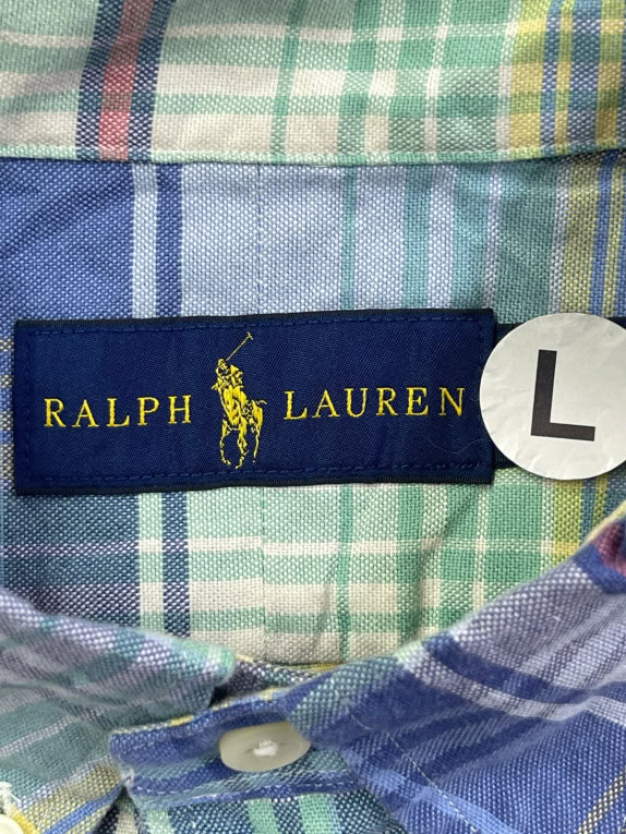 RALPH LAUREN BUTTON DOWN SHIRT CLASSIC PLAID BLUE GREEN MENS PRE OWNED L