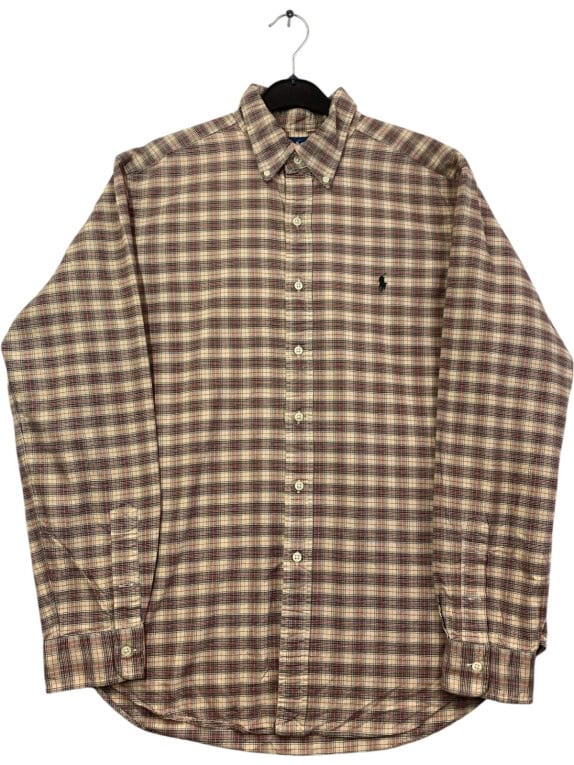 RALPH LAUREN BUTTON DOWN SHIRT CLASSIC BEIGE PLAID MEN PRE OWNED L