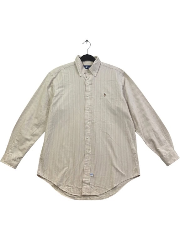 RALPH LAUREN BUTTON DOWN SHIRT CLASSIC CREAM PINK STRIPED MENS PRE OWNED L