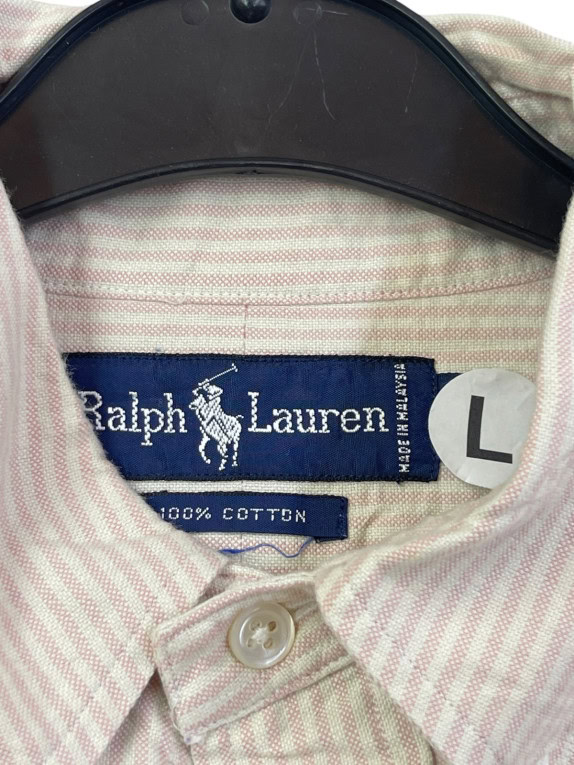 RALPH LAUREN BUTTON DOWN SHIRT CLASSIC CREAM PINK STRIPED MENS PRE OWNED L