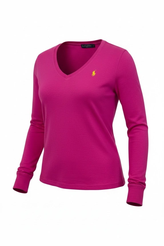 RALPH LAUREN SPORT V NECK LONG SLEEVE TOP MINIMAL FUCHSIA WOMEN PRE OWNED S