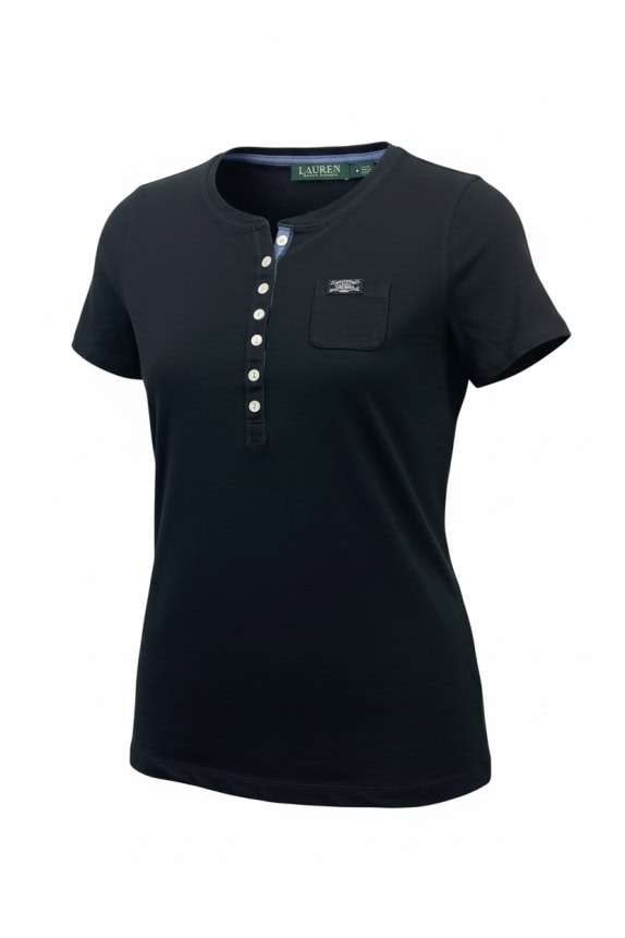 RALPH LAUREN T-Shirt Henley Κουμπιά Μαύρο Γυναικείο S