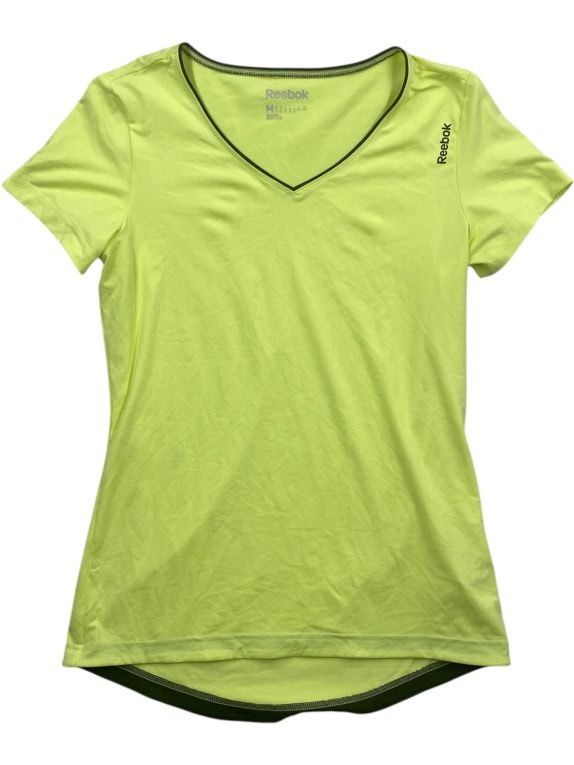 Reebok T-shirt sportiva con scollo a V con logo verde neon da donna M