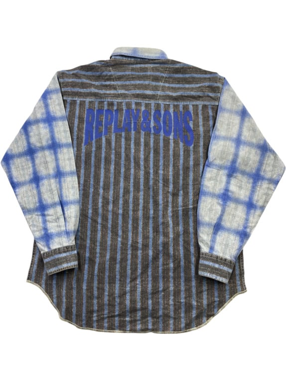 REPLAY & SONS CAMICIA VINTAGE A RIGHE E QUADRI BLU DA UOMO L