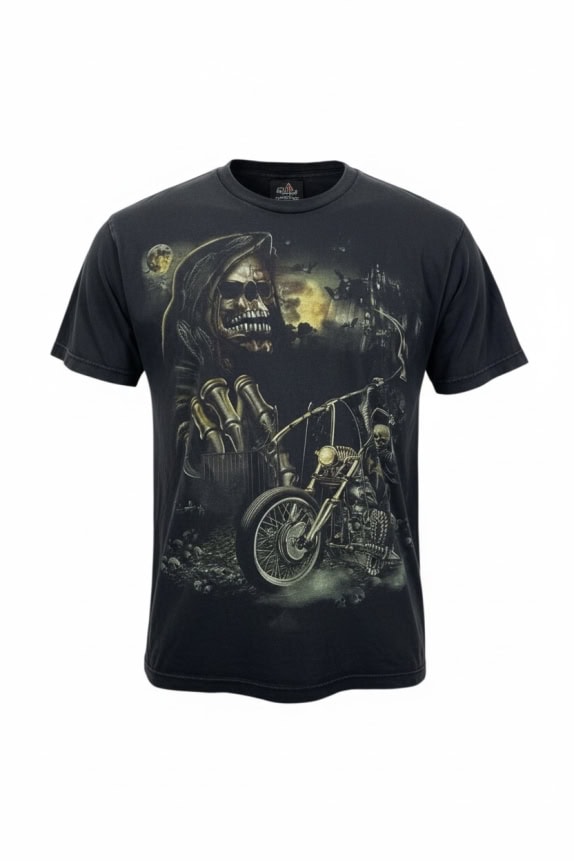 ROCK CHANG T-SHIRT VINTAGE GRAPHIC "GRIM REAPER BIKER" PRINT BLACK MEN'S MEDIUM