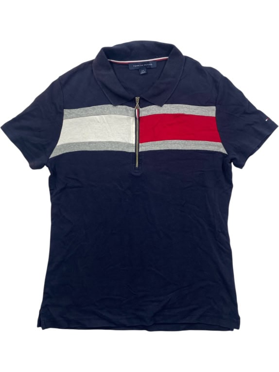 TOMMY HILFIGER Ανδρικό Polo Μπλουζάκι Vintage Φερμουάρ Λογότυπο Μπλε Κόκκινο Ριγέ ΓYNAIKEIO L