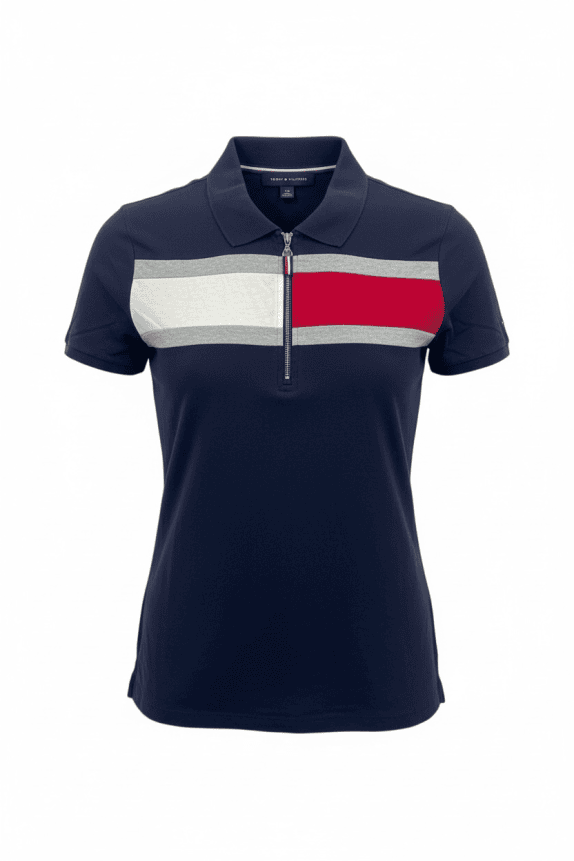 TOMMY HILFIGER Ανδρικό Polo Μπλουζάκι Vintage Φερμουάρ Λογότυπο Μπλε Κόκκινο Ριγέ ΓYNAIKEIO L