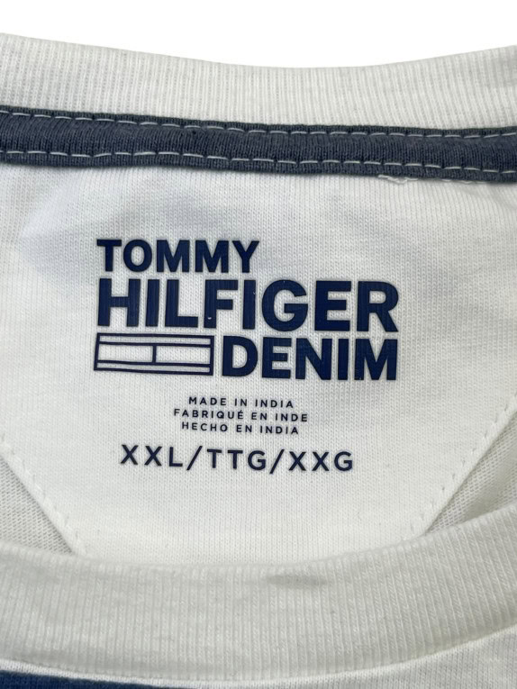 TOMMY HILFIGER DENIM T SHIRT SPELL OUT NAVY BIANCO UOMO PRE OWNED XXL