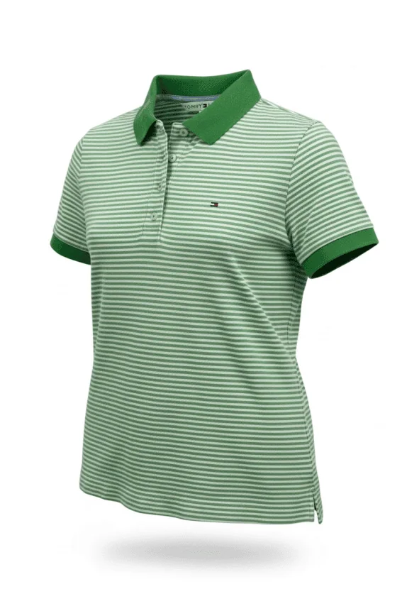 TOMMY HILFIGER Γυναικείο Polo Μπλουζάκι Ριγέ Vintage Λογότυπο Πράσινο Λευκό Γυναικείο XL