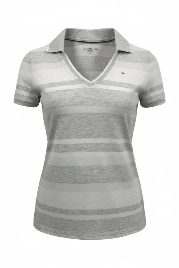 TOMMY HILFIGER Γυναικείο Polo Μπλουζάκι Ριγέ Vintage Λογότυπο Γκρι Ροζ Λευκό Γυναικείο S