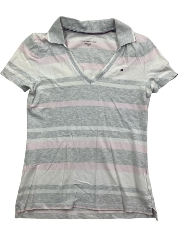 TOMMY HILFIGER Women’s Striped Polo Shirt Vintage Logo Grey Pink White Women’s S