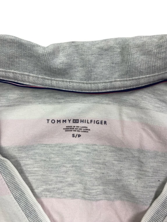 TOMMY HILFIGER Women’s Striped Polo Shirt Vintage Logo Grey Pink White Women’s S