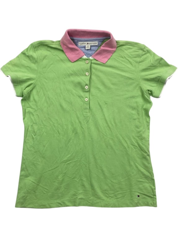 TOMMY HILFIGER Women’s Polo Shirt Vintage Logo Green Pink Collar Women’s M