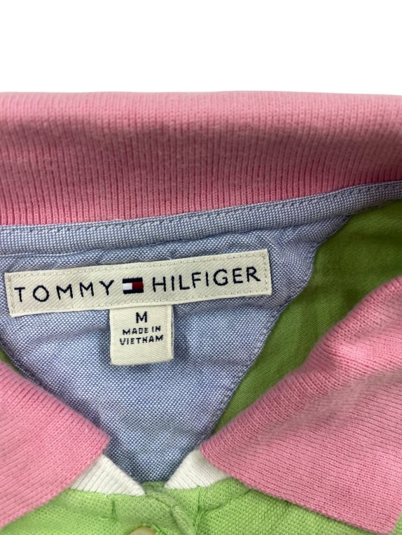 TOMMY HILFIGER Women’s Polo Shirt Vintage Logo Green Pink Collar Women’s M