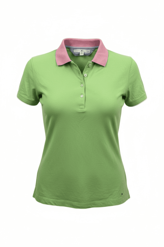 TOMMY HILFIGER Γυναικείο Polo Μπλουζάκι Vintage Λογότυπο Πράσινο Ροζ Γιακάς Γυναικείο M