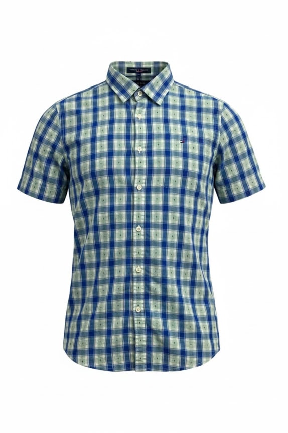TOMMY HILFIGER camicia casual a maniche corte con logo ricamato a quadri blu/verde da uomo medium