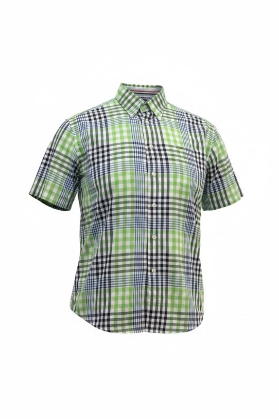 TOMMY HILFIGER SHORT SLEEVE SHIRT CLASSIC CHECK GREEN BLUE MENS PRE OWNED M