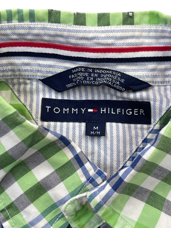 TOMMY HILFIGER SHORT SLEEVE SHIRT CLASSIC CHECK GREEN BLUE MENS PRE OWNED M