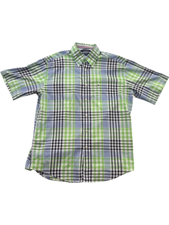 TOMMY HILFIGER SHORT SLEEVE SHIRT CLASSIC CHECK GREEN BLUE MENS PRE OWNED M