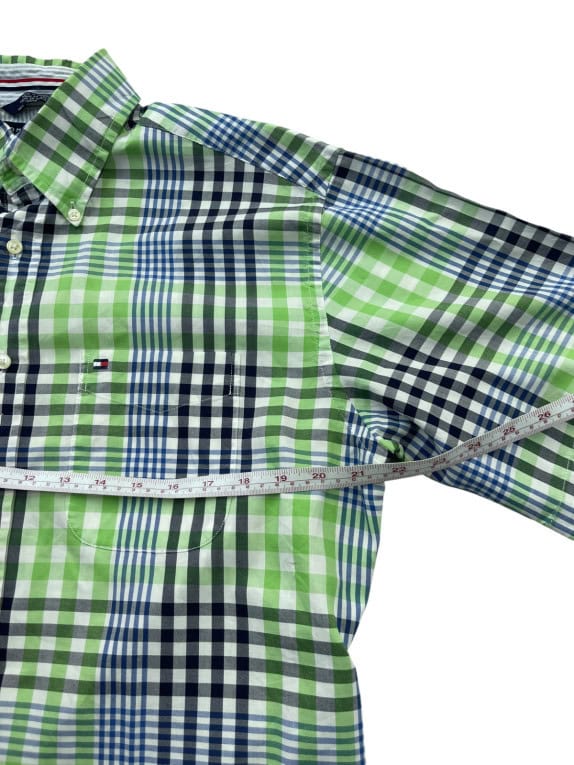 TOMMY HILFIGER SHORT SLEEVE SHIRT CLASSIC CHECK GREEN BLUE MENS PRE OWNED M