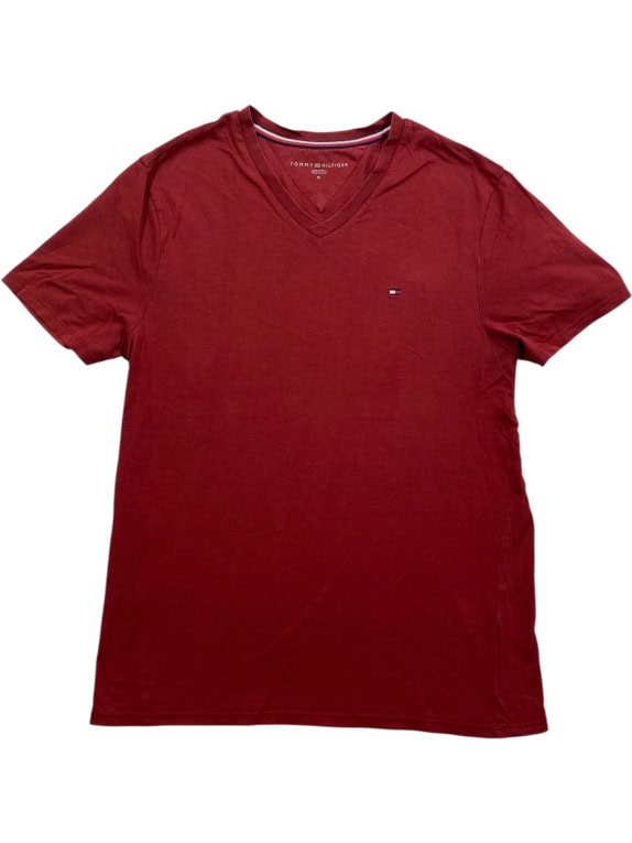 TOMMY HILFIGER T-SHIRT SCOLLO A V LOGO RICAMATO BORDEAUX UOMO M