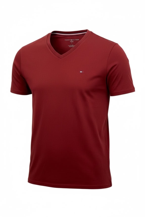 TOMMY HILFIGER T-SHIRT SCOLLO A V LOGO RICAMATO BORDEAUX UOMO M