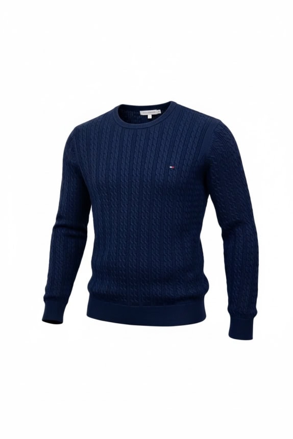 TOMMY HILFIGER ΠΛΕΚΤΗ ΜΠΛΟΥΖΑ CABLE-KNIT ΜΕ ΚΕΝΤΗΤΟ ΛΟΓΟΤΥΠΟ ΜΠΛΕ ΑΝΔΡΙΚΗ