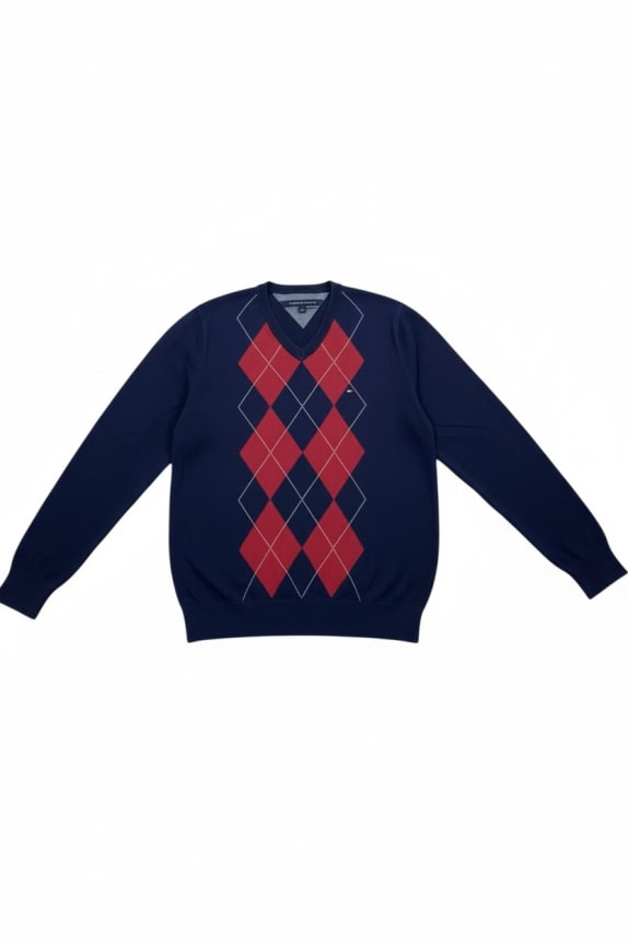 TOMMY HILFIGER ARGYLE PATTERN V-NECK KNIT SWEATER NAVY/RED MEN'S M