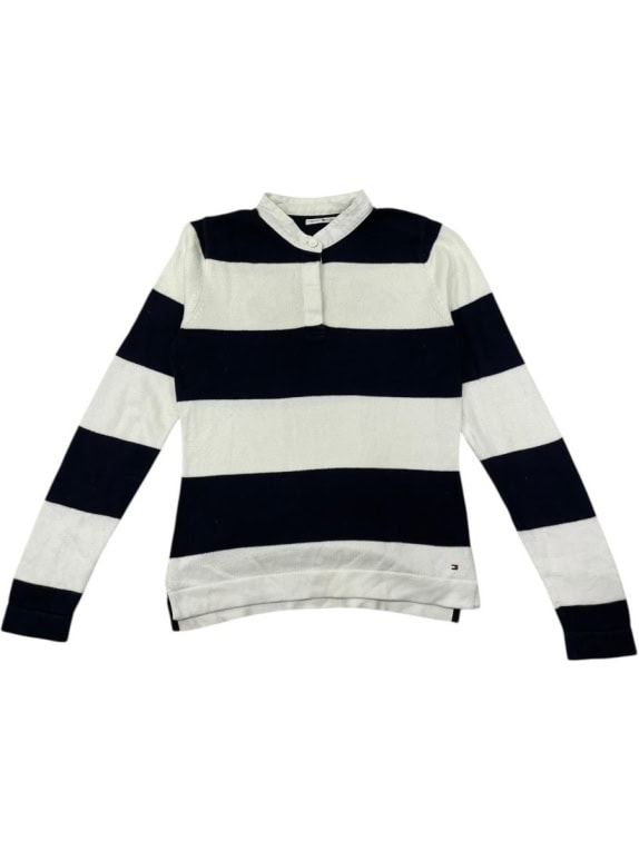 TOMMY HILFIGER ΠΛΕΚΤΟ ΠΟΛΟ ΡΙΓΕ ΜΠΛΕ/ΑΣΠΡΟ ΜΕ ΛΟΓΟΤΥΠΟ ΣΤΗΝ ΠΛΑΤΗ - S