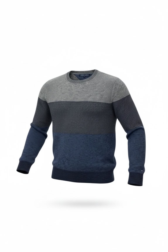 TOMMY HILFIGER Πλεκτό Πουλόβερ Color-Block Ριγέ Μπλε/Γκρι Ανδρικό Size M