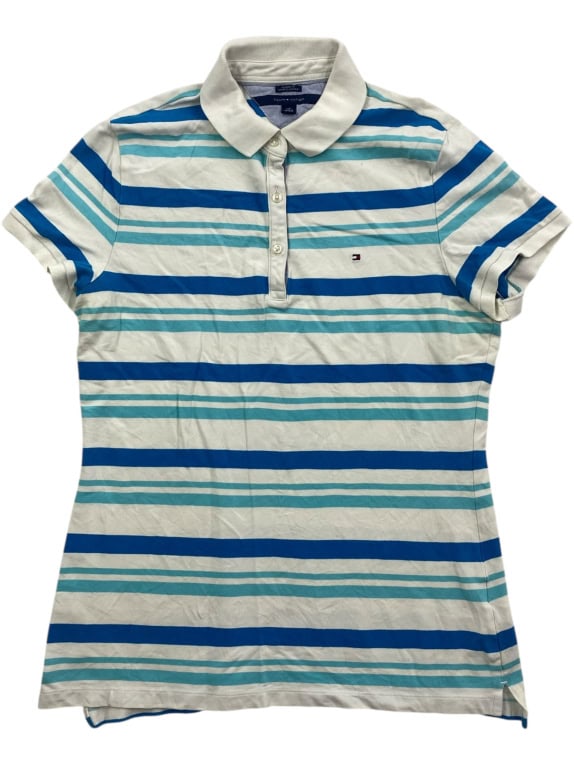 Tommy Hilfiger Polo Μπλούζα Ριγέ Classic Fit Logo Λευκό Μπλε Τιρκουάζ Γυναικεία L