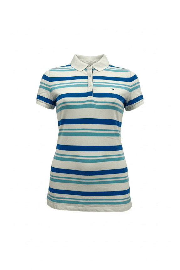 Tommy Hilfiger Polo Μπλούζα Ριγέ Classic Fit Logo Λευκό Μπλε Τιρκουάζ Γυναικεία L