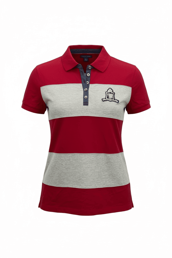 TOMMY HILFIGER Polo Shirt Colorblock Crest Logo Κόκκινο-Γκρι Γυναικείο L